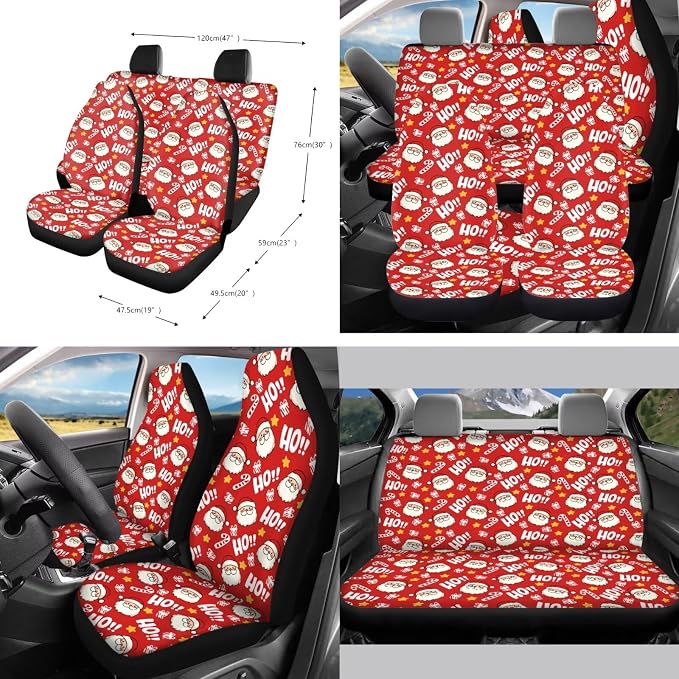 Santa Claus Stars Print Car Seat Covers Full Set Anti-Slip Car Trash Can Steering Wheel Cover Auto Air Vent Storage Bag Coasters Keychain Christmas Decor Fit for SUV Van Truck, Pack of 10