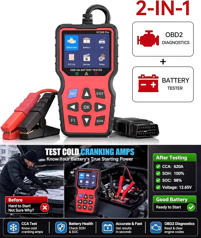 Easy to Use 2-in-1 OBD2 Scanner with Battery Tester: 1S Read & Clear Check Engine Codes + Test Battery in Mins - DIY Car Diagnostic Tool with Cold Cranking Amps for Pre-Trip Safety on 1996+ Vehicles