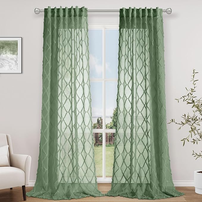 Hokibero Olive Green Sheer Curtains 96 Inches Long for Living Room with Fluffy Tufted Diamond Patterned Window Curtain for Bedroom Home Decor Set of 2 Pieces, Farmhouse Boho Decor 52x96 Inch Length
