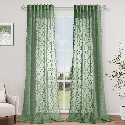 Hokibero Olive Green Sheer Curtains 96 Inches Long for Living Room with Fluffy Tufted Diamond Patterned Window Curtain for Bedroom Home Decor Set of 2 Pieces, Farmhouse Boho Decor 52x96 Inch Length