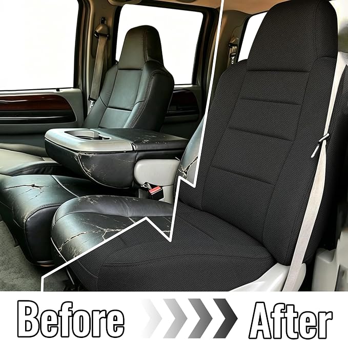 40/20/40 Split Seat with Molded Headrest Front Seat Covers for Ford F250 F350 F450 F550 2002-2010 40/20/40 Split Seat with Molded Headrest and Shoulder, Knitted Fabric Soft Foam - Black