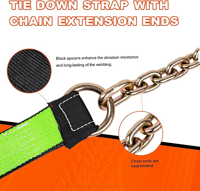 2" x 16' Tie Down Strap with Chain Extension Ends,4pack,Car Trailer Tie Down Straps,Replacement Strap for 8 Point Roll Back Vehicle Tie Down Kit,Tow Truck Accessories
