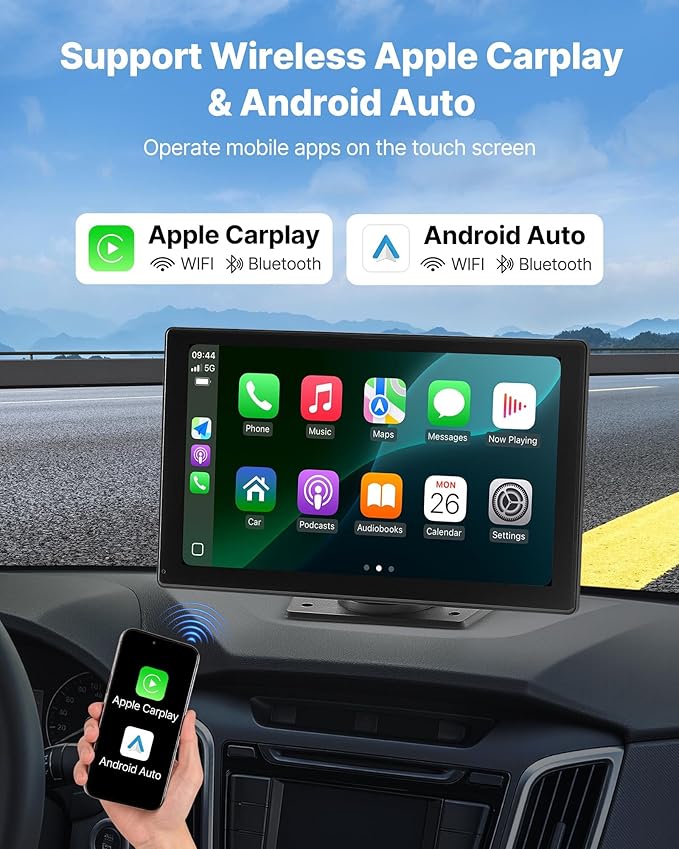 VEVOR Wireless Car Stereo, 9-Inch HD Portable Radio Touch Screen Compatible with Apple CarPlay & Android Auto, CarPlay Screen with Backup Camera, Voice Control, Mirror Link, Bluetooth, GPS Navigation