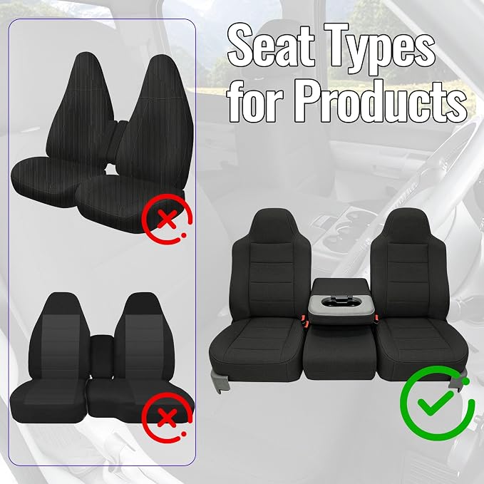 Front Seat Covers for Ford F250-F550 Super Duty 2002-2010 40/20/40 Split Seat with Molded Headrest & Shoulder Support Textured Breathable Fabric Knit - Black