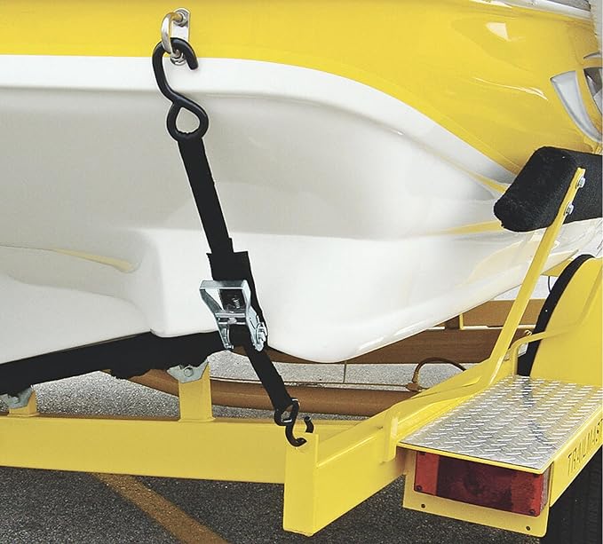 BoatBuckle F14206 Transom Boat Tie Down Straps to Trailer, 2-In x 2-Ft, 2-Pack, 2500lbs Break Strength Each, Heavy Duty Ratchet Straps Transom Tie-Downs, Zinc-coated Steel Ratchet & Rubberized S-Hooks