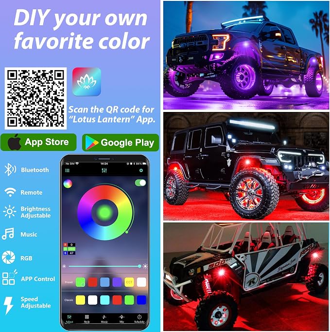 8 Pods RGB LED Rock Lights, Underglow Multicolor Neon Light Kit Wheel Well Light with APP Control & Music Mode, Under Glow Lights for Trucks,Jeep,SUV,Golf Cart,ATV,Pickup Off Road,12 V