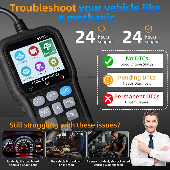 FX319 OBD2 Scanner OBD2 Code Reader, Car Diagnostic Tool with 12V Battery Tester, Turn Off Check Engine Light, Live Data, Cloud Printing for 1996+ OBDII Cars