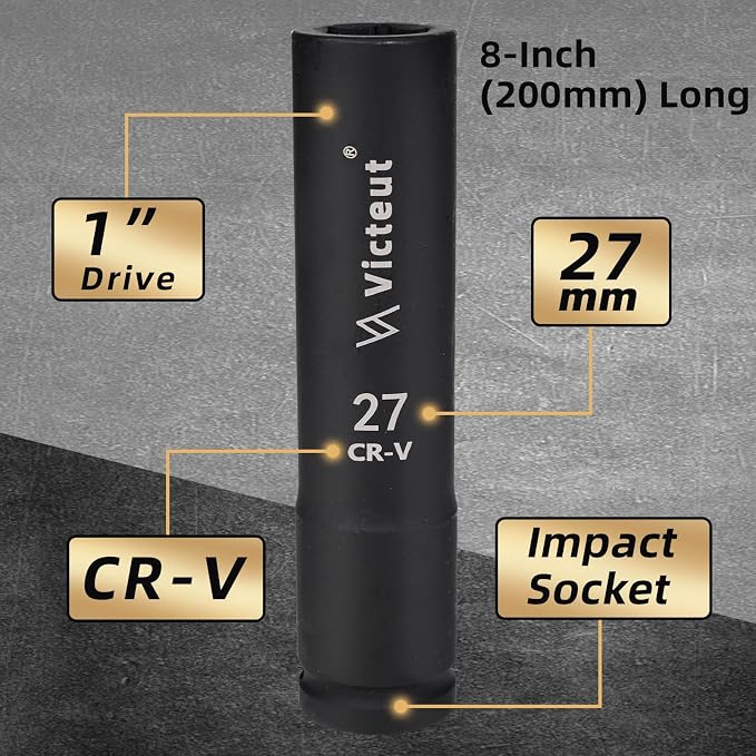 1-Inch Drive 27mm Extra Deep Impact Socket，8-Inch (200mm) Long，6-Point Truck&Trailer&Tractor Wheel Nut Socket, Heat Treated Cr-V Alloy Steel, One-Piece Forged, No Torque Loss