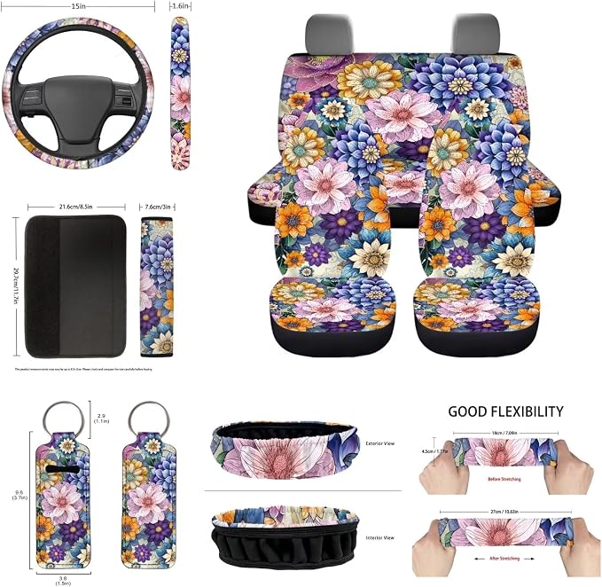 Hippie Car Seat Covers for Women Bright Blossom Flower Auto Seat Covers for front Back,Universal Fit Steering Wheel Cover Safety Seatbelt Keychain Coaster Mirror Cover,Automotive Interior Sets