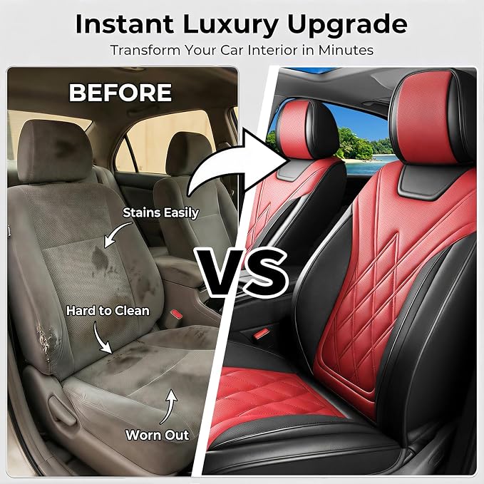 Car Seat Covers Compatible with Ford Focus 2009-2018 - Full Set 5 Seats Luxury Leather All-Weather Seat Cushions & Protectors, Waterproof & Breathable, Airbag Compatible (Red)