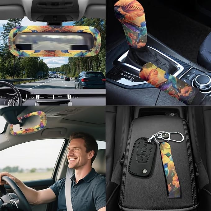 Hummingbird Flower Car Seat Covers Full Set 18 Pcs Hummingbird Print Car Accessories Full Set Steering Wheel Cover Universal Fit Car Headrest Covers Car Seat Belt Pads Cover Keychain