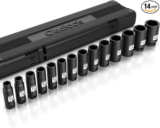 Olsa Tools 1/2-Inch Drive Deep Impact Socket Set - 14-Piece SAE Kit (3/8"–1-1/4") - Cr-Mo Steel - 6-Point Chrome Moly Design - Easy-Read Markings - Heavy-Duty Storage Case - Part 1278