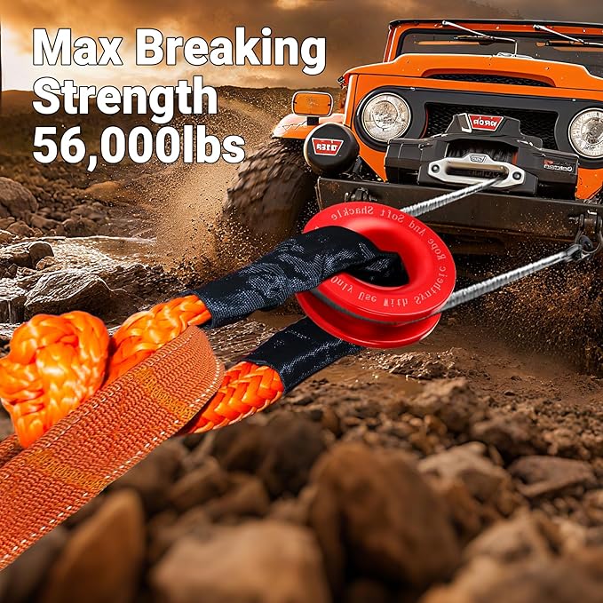 Synthetic Soft Shackle Rope 1/2 x 22 Inch Orange Recovery Tow Shackles with Red Snatch Recovery Ring 56,000lbs Breaking Strength Offroad Soft Shackle Recovery Kit for Off-Road ATV UTV Vehicles