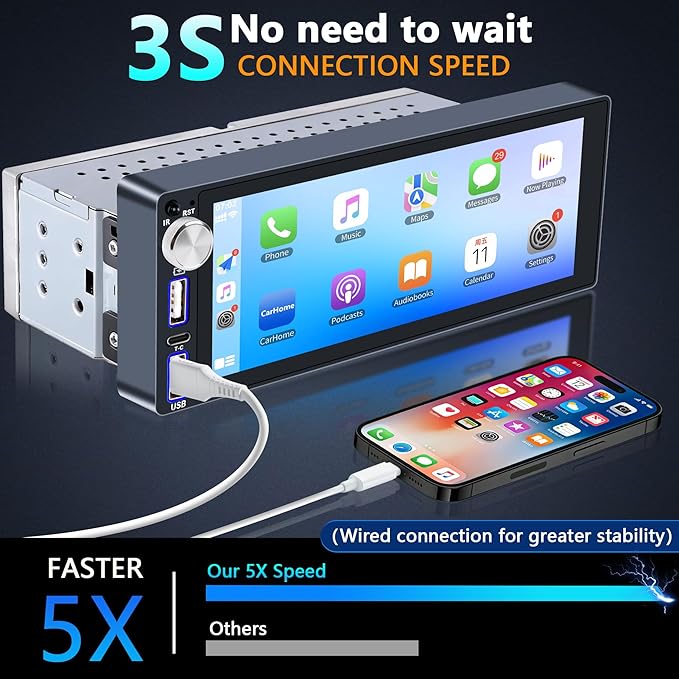 Single Din Car Stereo with Apple Carplay Android Auto,6.9 Inch IPS Touchscreen, 1 Din Car Audio Receivers wtih Bluetooth Handsfree/FM/AM/Dual USB/Type-C/EQ/SWC/GPS Navigation/Backup Camera/Microphone
