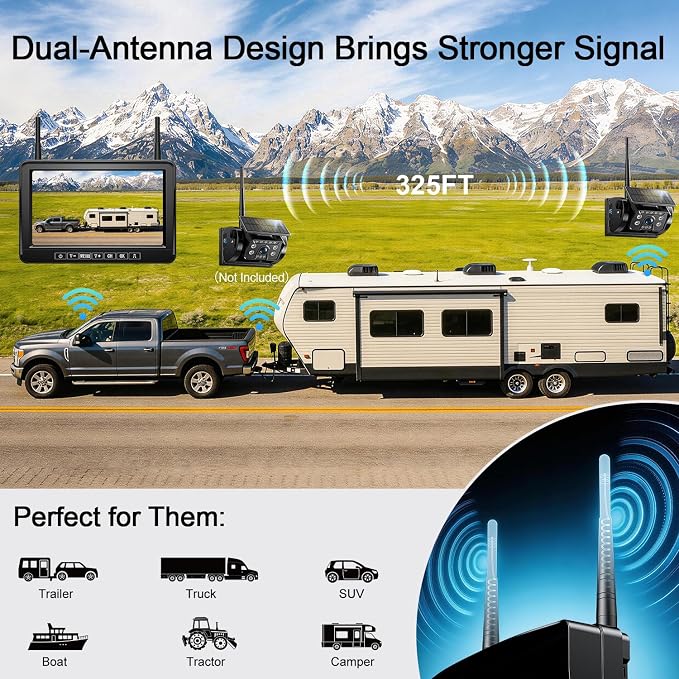 Fookoo Magnetic Solar Wireless Backup Camera System, Portable 7" DVR Monitor with BSD 1 Min Install HD 1080P Rear View Camera Night Vision Rechargeable for SUV Truck Pickup RV Camper Tractor DTC701
