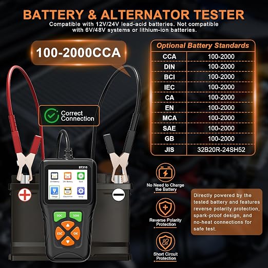 12V/24V Car Battery Load Tester Automotive – 100-2000 CCA Alternator & Charging Analyzer, QR Code Cloud Report No App Needed, for Car Truck SUV Motorcycle Snowmobile Boat