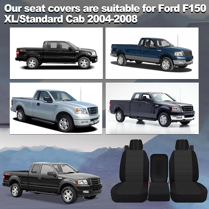 Custom 40/20/40 Split Bench Seat Covers for Ford F150 XL/Standard Cab 2004 2005 2006 2007 2008 Heavy Duty Cloth Protector Interior Accessories，Waterproof & Machine Washable - Black