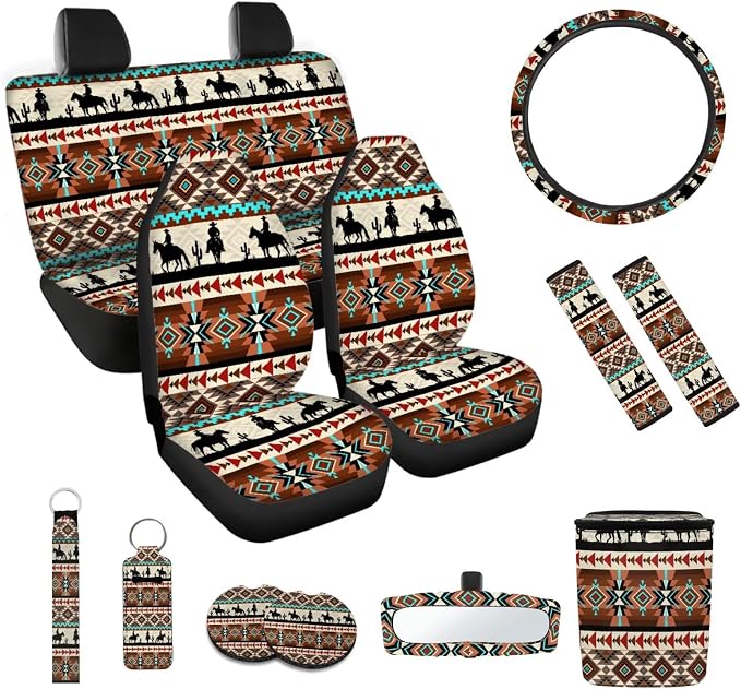 Aztec West Automobile Seat Cover Set with Car Seat Belt Pad Cover Steering Wheel Cover Car Trash Can Keychains Keychain Holder Car Cup Coasters ，12 Pack Fashion Auto Interior