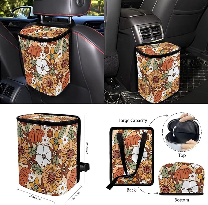 Vintage Sunflower Daisy Print Car Seat Covers 15Pcs Full Set Car Steering Wheel Cover Seat Belt Cover Trash Bin Air Vent Storage Box Rear View Mirror Car Cup Holder Keychain