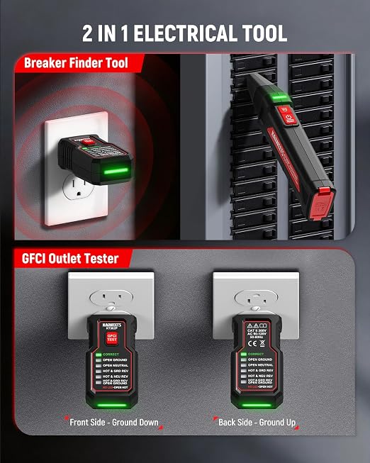 KAIWEETS Circuit Breaker Finder Tool Kit, GFCI Outlet Tester with Dual-Sided LED Indicators, Electrical Circuit Tracer Tool with Flashlight, Includes Carrying Case and Adapters- KT302P