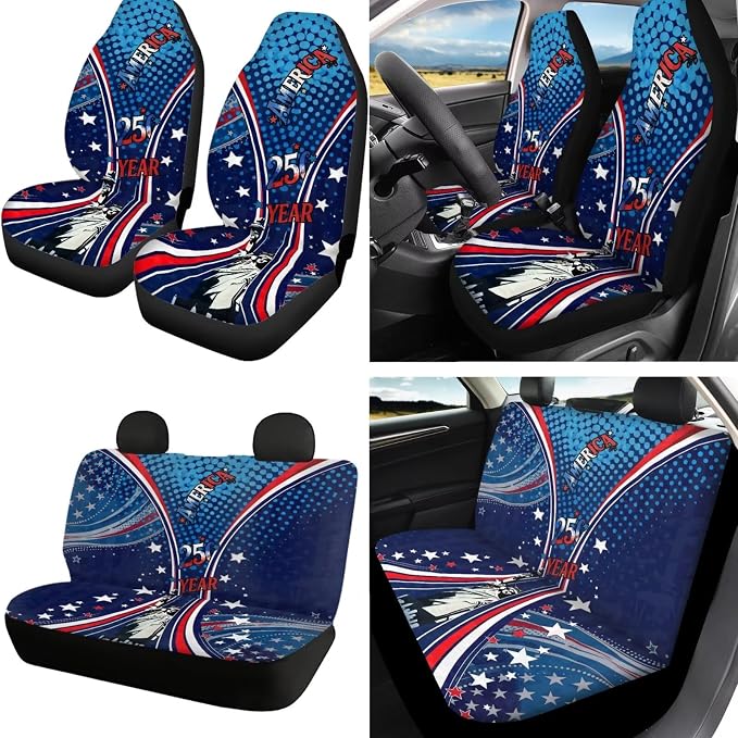 Statue of Liberty Print Car Seat Covers Front and Back Full Set 250 Year Decorative Headrest Covers Steering Wheel Cover Safety Belt Pads Armrest Cushion and Cup Coasters