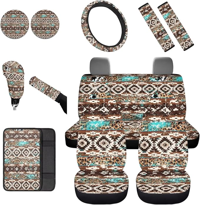 Dreaweet Aztec Brown Cow Seat Covers for Cars Full Set 12 Pcs Universal Car Accessories with Steering Wheel Cover/Armrest Cover/Seat Belt Pads/Coasters/Gear Shift Cover/Handbrake Cover,Universal Fit