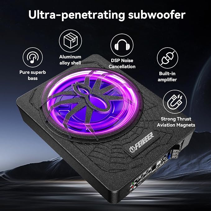 Feikeer 10"1200W UnderSeat Subwoofer, Powered Subwoofer Car Audio with Multicolor LED Lighting, Deep Bass Enhancement.Under Seat Subwoofers with Amp for a Dynamic Driving Experience with Bass Melodies