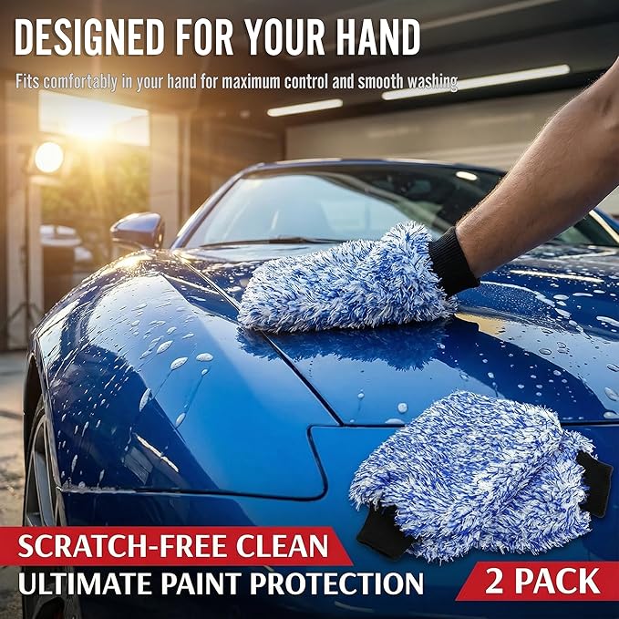 TAKAVU New Car Wash Mitt, 2 Pack Premium Cyclone Microfiber Washing Gloves, Holds Tons of Sudsy Water for Effective Washing, Machine Washable, Lint Free, Scratch Free (Blue)