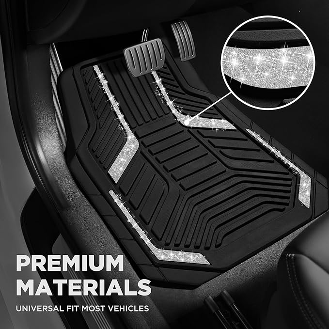 PIC AUTO Car Floor Mats, Silver Sparkly Crystal Bling Glitter Car Mats Set, Front and Rear Heavy Duty Rubber Car Mats with Anti-Slip Backing, All Weather, Trim-to-Fit for SUVs, Trucks, Sedan, Vans