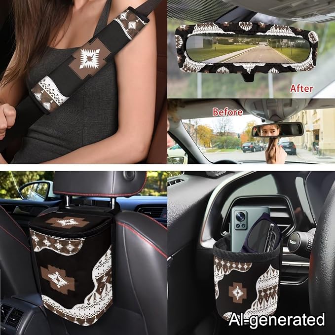 Dreaweet Navajo Seat Covers for Cars Full Set with Steering Wheel Cover Seatbelt Covers Car Coasters Trash Bag Air Vent Storage Bag Rearview Mirror Cover Keychain,Universal Car Accessories 15 Pcs