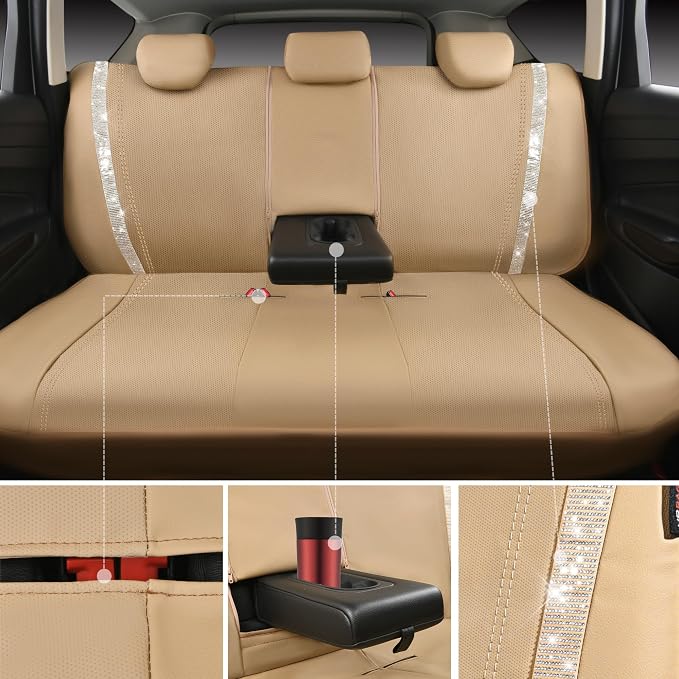 CAR PASS Bling Rhinestones Diamond Car Floor Mat Car Seat Covers Full Set, Crystal Sparkly Shining Glitter Carpet, Waterproof Anti-Slip PVC Heel Pad Universal Fit Interior Girl Women Beige
