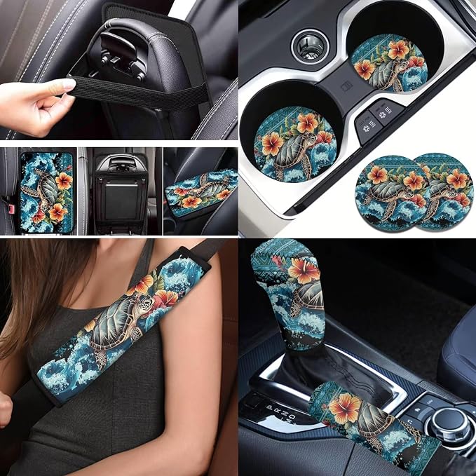 BIGCARJOB 12 Pieces Sea Turtle Car Seat Cover Set Universal Steering Wheel Covers,Armrest Pads,Coaster Tropical Floral Turtle Print Auto Seat Protector Full Set,Fit Most Vehicle,Cars,Sedan