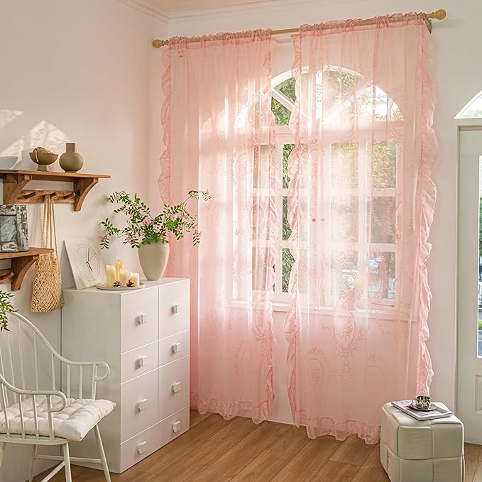 Sutuo Home Pink Lace Curtains 84 Inches Long 2 Set, Sheer Panels Rose Floral Embroidery Ruffled Vintage Voile Window Treatment Pair for Girl's Bedroom Living Room, Rod Pocket, W57 x L84