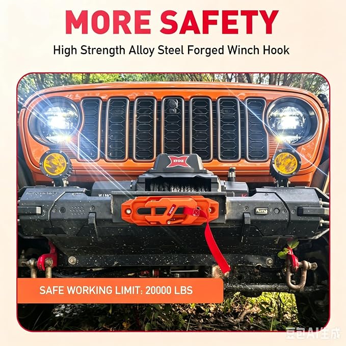 Winch Fairlead with Tow Hook, Orange, 10 in. (254 mm) | Synthetic Rope Fairlead, Forged Winch Hook, 10000 lb - 20000 lb Towing, For SUV Truck Trailer Jeep, Electric Winches