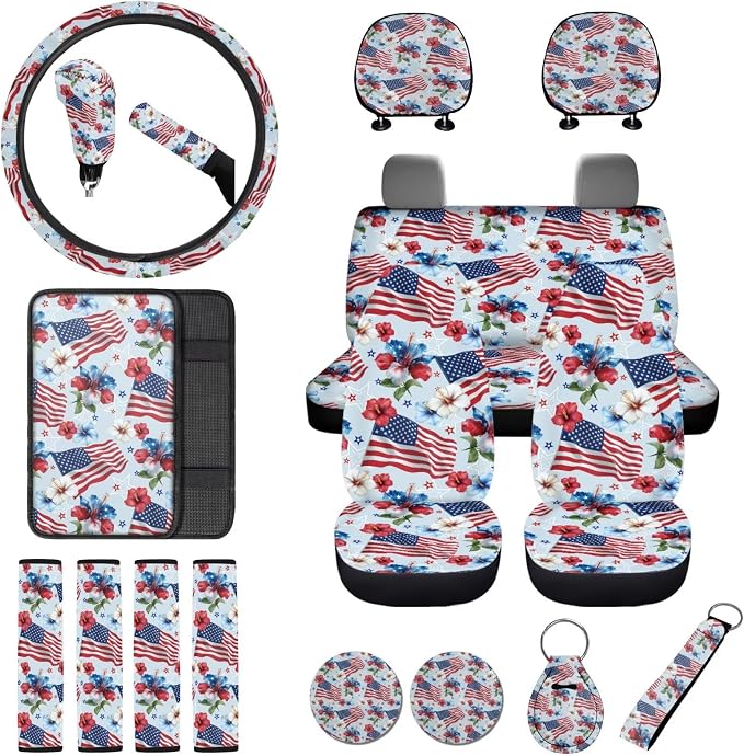 250 Years Full Set Car Seat Covers Hibiscus American Flag Print Car Front and Rear Seat Covers with Interior Decor Accessories for Truck Sedan SUV, Easy to Install, Blue