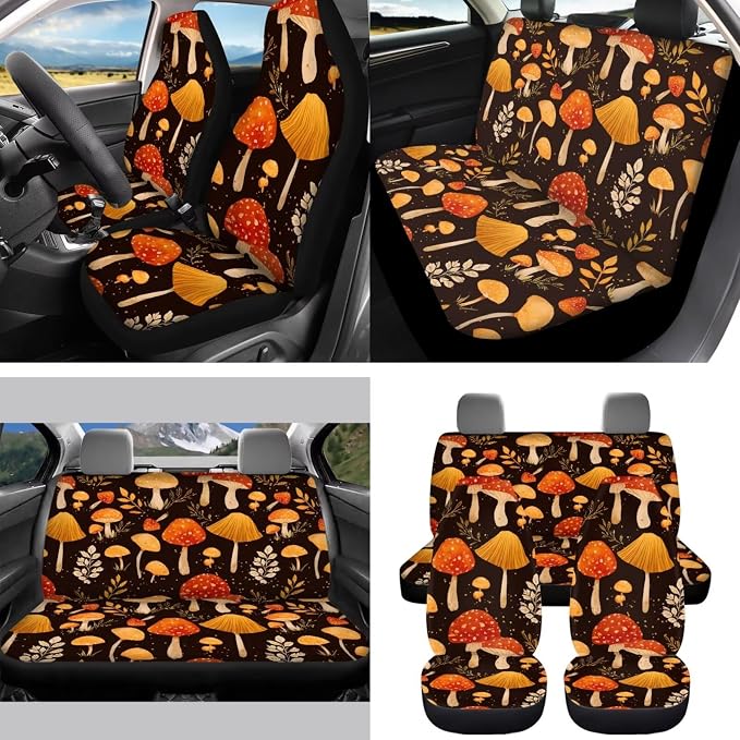 Cute Mushroom 15Pcs Car Seat Cover Full Set Car Steering Wheel Cover Seat Belt Cover Trash Bin Front Rear View Mirror Car Cup Holder Keychain