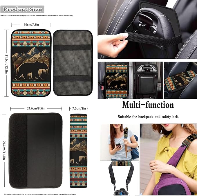 Dreaweet Mountain Bear Aztec Car Seat Covers Full Set 12 Pcs Southwestern Car Accessories Seat Covers with Steering Wheel Cover/Arm Rest Pads/Seat Belt Pads/Coasters/Gear Shift Cover/Handbrake Cover
