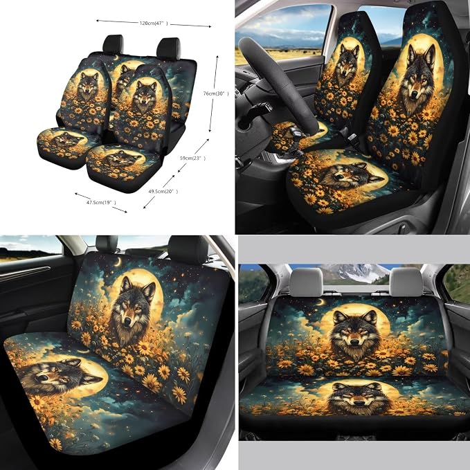 Xoenoiee Wolf Sunflower Moon Pattern 11 Pcs Universal SUV Car Seat Covers Auto Interior Accessories Full Set with Steering Wheel Covers, Seat Belt Pads, Key Chain, Car Cup Mat