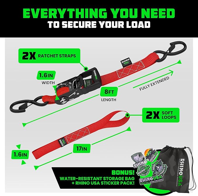 Rhino USA Ratchet Straps Heavy Duty Kit (2-Pack) - 1.6 Inch x 8 Feet Min Break Strength (5,000) - Ultimate Tie Down Straps with Safety S Hooks for Trucks, ATV, UTV, Motorcycle, Cargo & More - Red