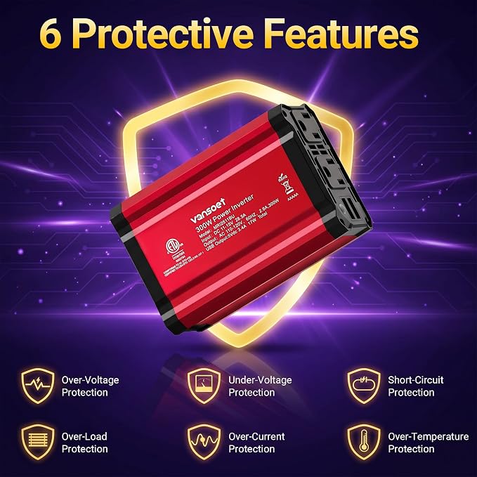 300W Car Power Inverter - vansoet DC 12V to 110V AC(2 Outlets) Power Inverters with 3.4A Dual USB Fast Charging Port - Car Charger Cigarette Lighter Adapter for Laptop/Phone/Road Trip (Red)