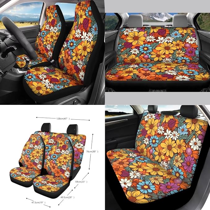 Hippie Flower Orange Pattern 15Pcs Car Seat Cover Full Set Car Steering Wheel Cover Seat Belt Cover Trash Bin Air Vent Storage Box Front Rear View Mirror Car Cup Holder Keychain
