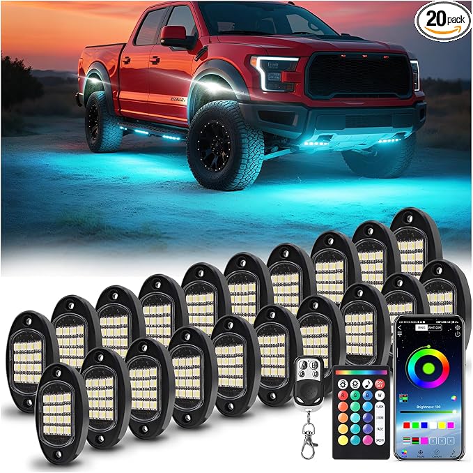 20 Pods RGBW LED Rock Lights for Trucks Offroad Pickup Trailer Sedan SUV Cars, Waterproof Multicolor Neon Underglow Kit with Bluetooth APP/RF Remote, Vehicle Accent Underbody Light Underneath 12V