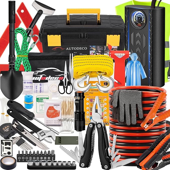AUTODECO 98 PCS Roadside Car Emergency Assistance Kit with Portable Air Compressor Jumper Cables Safety Hammer All in One Pliers Tool Set（Black）