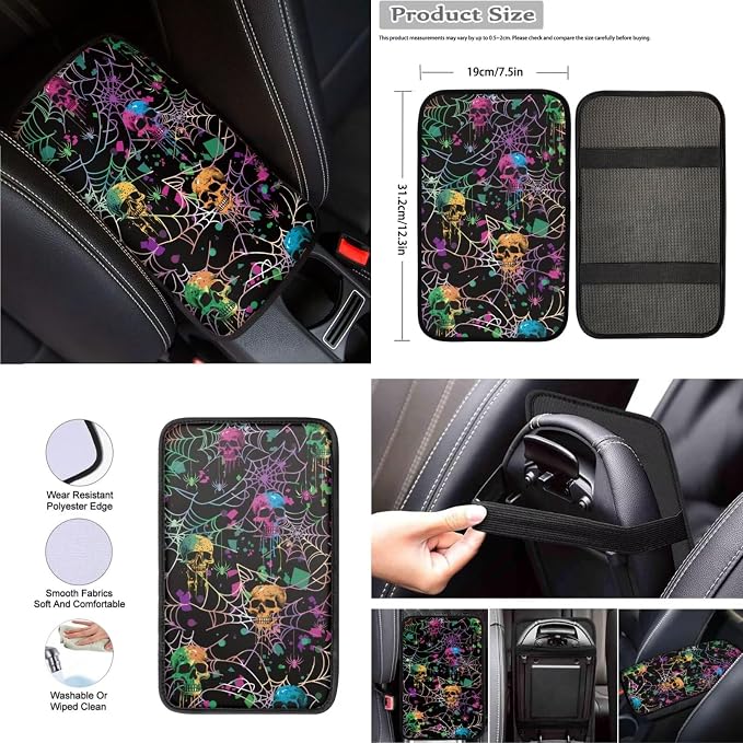 Colorful Spiderweb Skulls Car Seat Cover Full Set with Car Steering Wheel Cover, Auto Armrest Pad Protector, Auto Seat Belt Pads, Halloween Automotive Decorations Set of 8