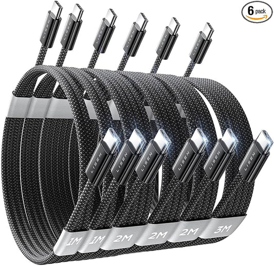LISEN USB C Cable, 6-Pack [3.3/3.3/6.6/6.6/6.6/10FT] USBC to USBC Cable for iPhone 16e 15 Pro Max Charger Cord, 60W C to C Cable Fast Charging for Samsung S25/S24/23, Switch 2, iPad, MacBook,Black