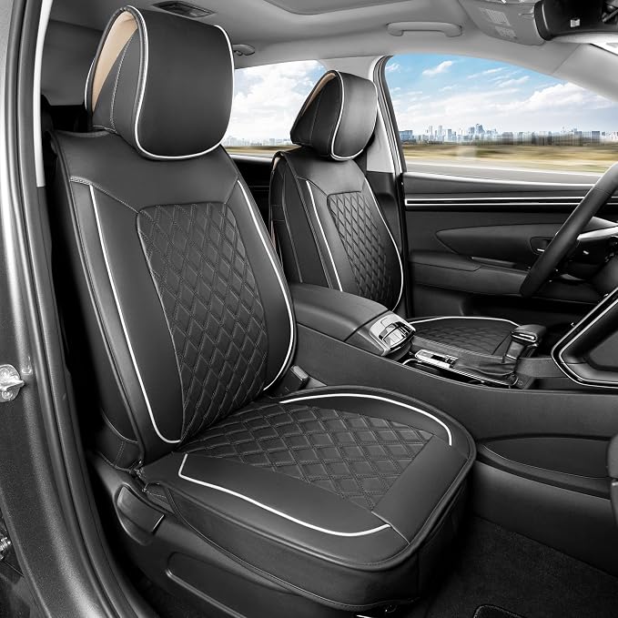 MotorBox Prestige Edition Napa Leather Seat Covers for Cars, Open Sides Front Seat Covers, Premium PU Leatherette Black & White Car Seat Covers for Cars Trucks SUVs, Front Seats Only