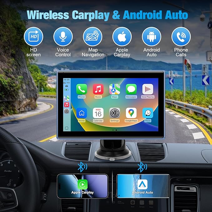 7" Portable Wireless CarPlay Screen for Car – Apple CarPlay & Android Auto, HD Touch Screen Car Stereo, Bluetooth, GPS Navigation, Voice Control, Plug-and-Play with FM/AUX/Mirror Link (Blue)