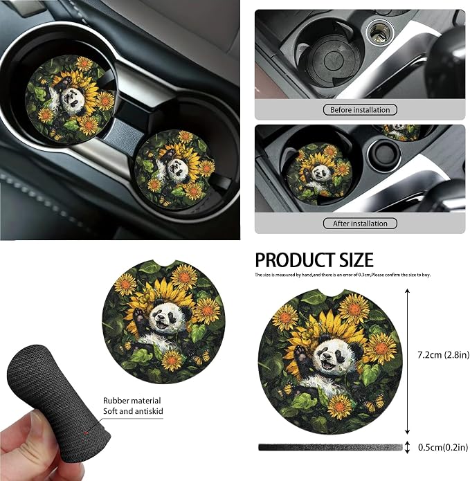 Panda Sunflower Print Car Accessories Set Car Seat Covers Seat Belt Strap Pad Steering Wheel Cover Air Vent Storage Bag Rear View Mirror Cover Trash Cans Coasters Keychain, 15 PCS