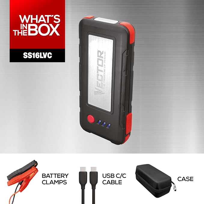 Vector SS16LVC 1600 Peak Amp Automotive Lithium Jump Starter, USB-A(15W), USB-C(30W), Power in & Out with Carrying Case