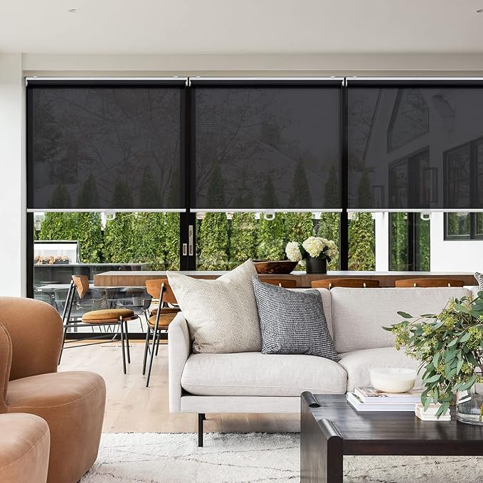 AOSKY Cordless Roller Shades for Windows Light Filtering Shades with 5% Openness Solar Screen Semi Sheer Roller Blinds UV Protection for Office and Home. Easy to Install 50" W x 72" H (Black)